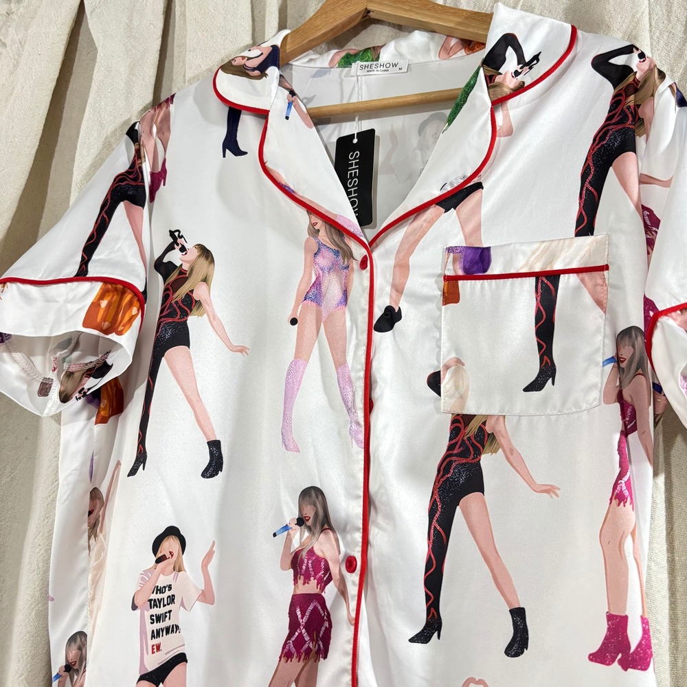 Sheshow Taylor Swift Eras Tour Pajama Shirt White Red Piping Satin Size M NWT